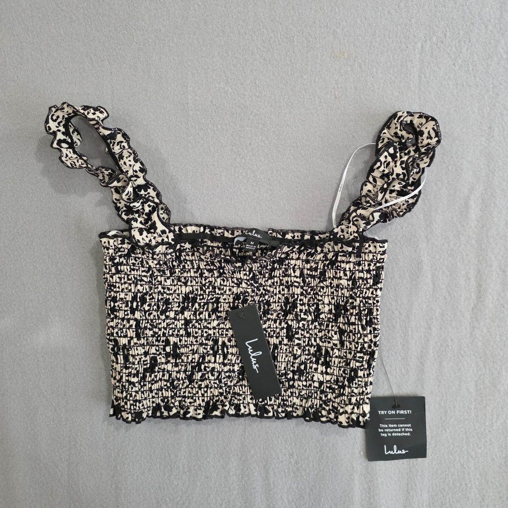 Lulus Smocked Animal Print Crop Top Black Cream Ruffle Strap Size Medium NWT